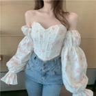 Puff-sleeve Off-shoulder Floral Print Slim-fit Top