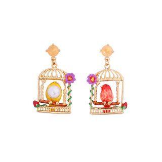 Fashion And Elegant Plated Gold Canary Bird Cage Enamel Earrings With Imitation Pearls Golden - One Size