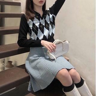 Long Sleeve Argyle Knit Top / Pattern A-line Skirt