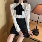 Tie-neck Shirt / Ruched Asymmetric A-line Skirt