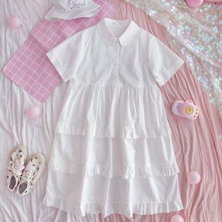 Elbow-sleeve Layered Midi A-line Shirtdress White - One Size