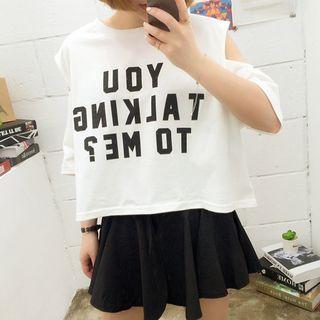 Lettering Cut Out Shoulder 3/4 Sleeve T-shirt