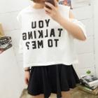 Lettering Cut Out Shoulder 3/4 Sleeve T-shirt