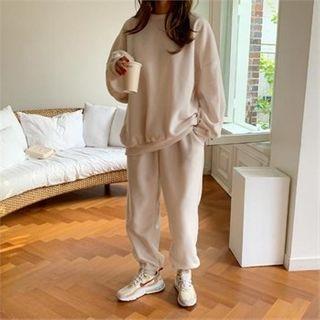 Set: Round-neck Fleece-lined Pullover + Band-waist Jogger Pants