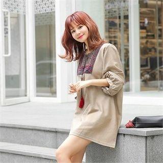 Embroidered-yoke Puff-sleeve Linen Blend Top