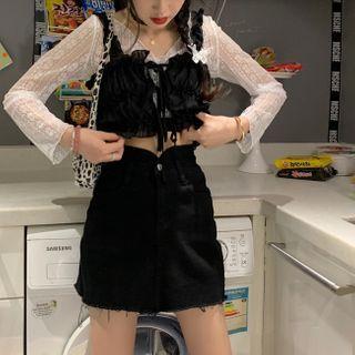 Long-sleeve Lace Top/ Bow-detail Plain Tank Top