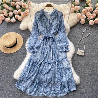 V-neck Floral Ruched Long-sleeve Dress