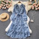 V-neck Floral Ruched Long-sleeve Dress