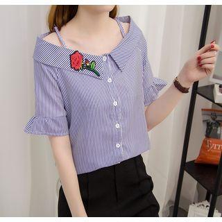 Flower Embroidered Pinstriped Off Shoulder Short Sleeve Shirt