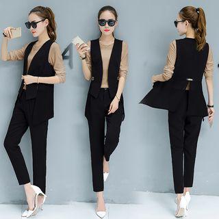 Set: Long-sleeve T-shirt + Slit Back Vest + Dress Pants