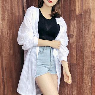 Striped Longline Cotton Shirt White - One Size