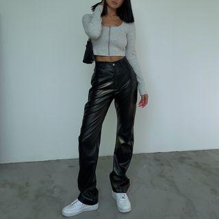 High-waist Plain Faux Leather Straight-cut Pants