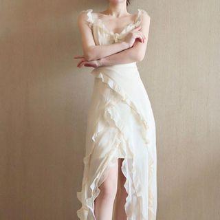 Spaghetti Strap Ruffle Trim Midi Sheath Dress