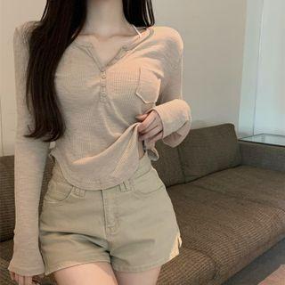 Long-sleeve Plain V-neck Sheath Top