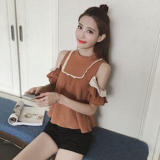 Lace Trim Cold Shoulder Short-sleeve Top