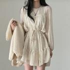 Puff Sleeve Floral Print Tie-waist Layered A-line Dress Beige - One Size