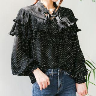 Dotted Balloon-sleeve Chiffon Blouse