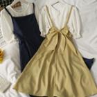 Set: Puff-sleeve Loose Top + Ribbon-back Sleeveless Midi Dress