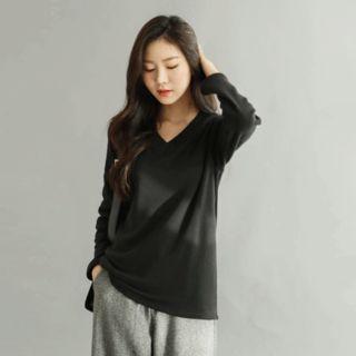 Brushed-fleece Lined V-neck T-shirt