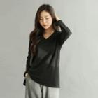 Brushed-fleece Lined V-neck T-shirt
