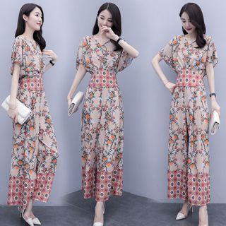 Set: Short-sleeve Floral Print Blouse + Wide Leg Pants