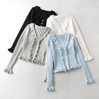 Frill Trim Ribbed V-neck Cardigan