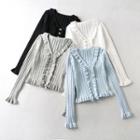 Frill Trim Ribbed V-neck Cardigan