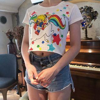 Short-sleeve Cartoon Printed Cropped T-shirt White - One Size