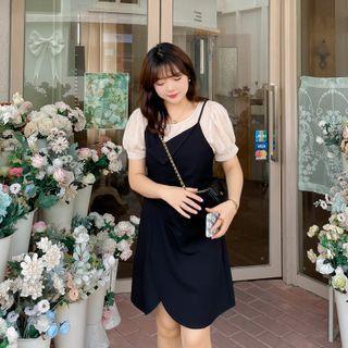 Short-sleeve Mock Two-piece Asymmetrical Sheath Dress