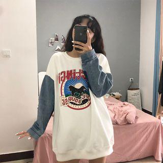 Denim Panel Printed Pullover