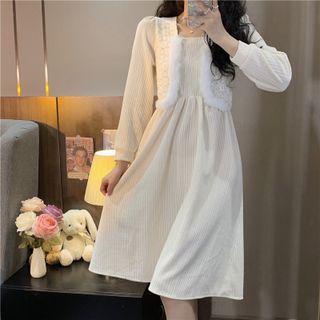 Long-sleeve Square-neck Fleece Trim Midi A-line Dress