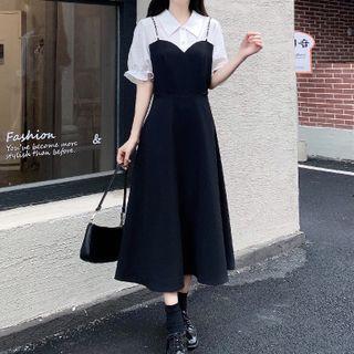 Mock Two-piece Short-sleeve Midi A-line Shirt Dress