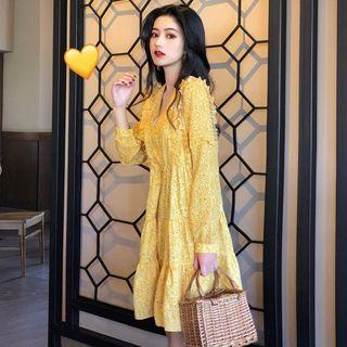 Flower Print Ruffle Trim Long-sleeve A-line Dress