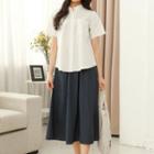 Set: Plain Short-sleeve Blouse + Midi A-line Skirt