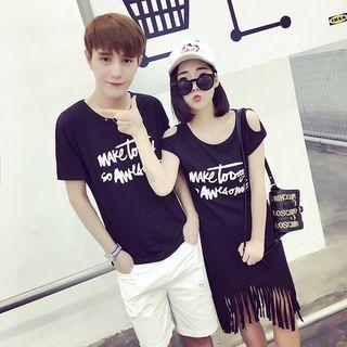 Couple Matching Lettering Short-sleeve T-shirt / Cold Shoulder T-shirt Dress