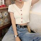 Contrast Trim Short-sleeve Button Knit Cropped Top