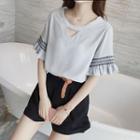 Embroidered Cut Out Front Elbow Sleeve Chiffon Top