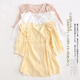 Elbow-sleeve Ruffled Chiffon Buttoned Top