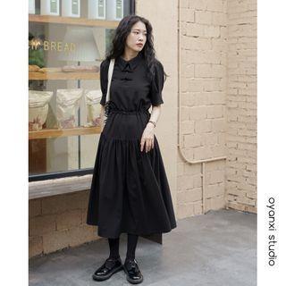 Collared Frog-button Short-sleeve Midi A-line Dress