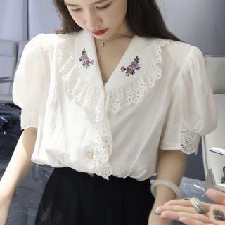 Puff-sleeve Collar Eyelet Trim Blouse