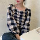 Drawstring-front Plaid Long-sleeve Blouse