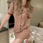 Short-sleeve Gingham Mini A-line Dress Red - One Size
