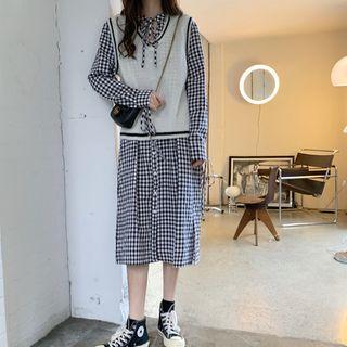 V-neck Knit Vest / Long-sleeve Gingham Midi A-line Dress