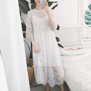 Set: Plain Inner + Lace Short-sleeve Dress
