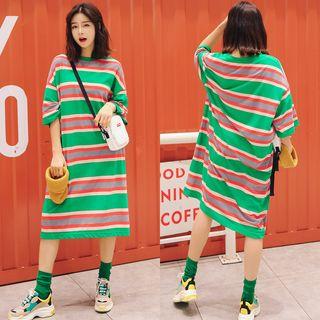 Elbow-sleeve Color Block Midi T-shirt Dress