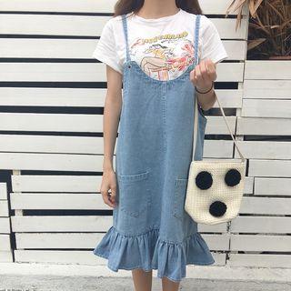 Spaghetti Strap Ruffle-hem Denim Dress