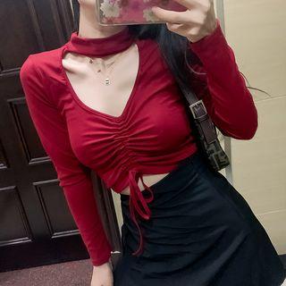 Long-sleeve Halter Cutout Drawstring Front Tee