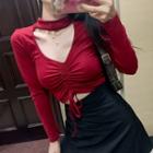 Long-sleeve Halter Cutout Drawstring Front Tee