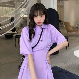 Short-sleeve Plain Midi A-line Polo Dress