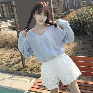 Set: V-neck Long-sleeve Blouse + Shorts
